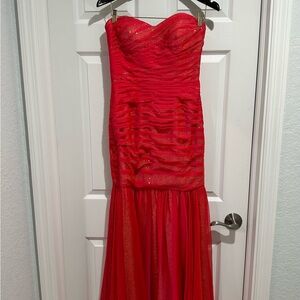 La Femme Elegant Red Strapless Evening Gown